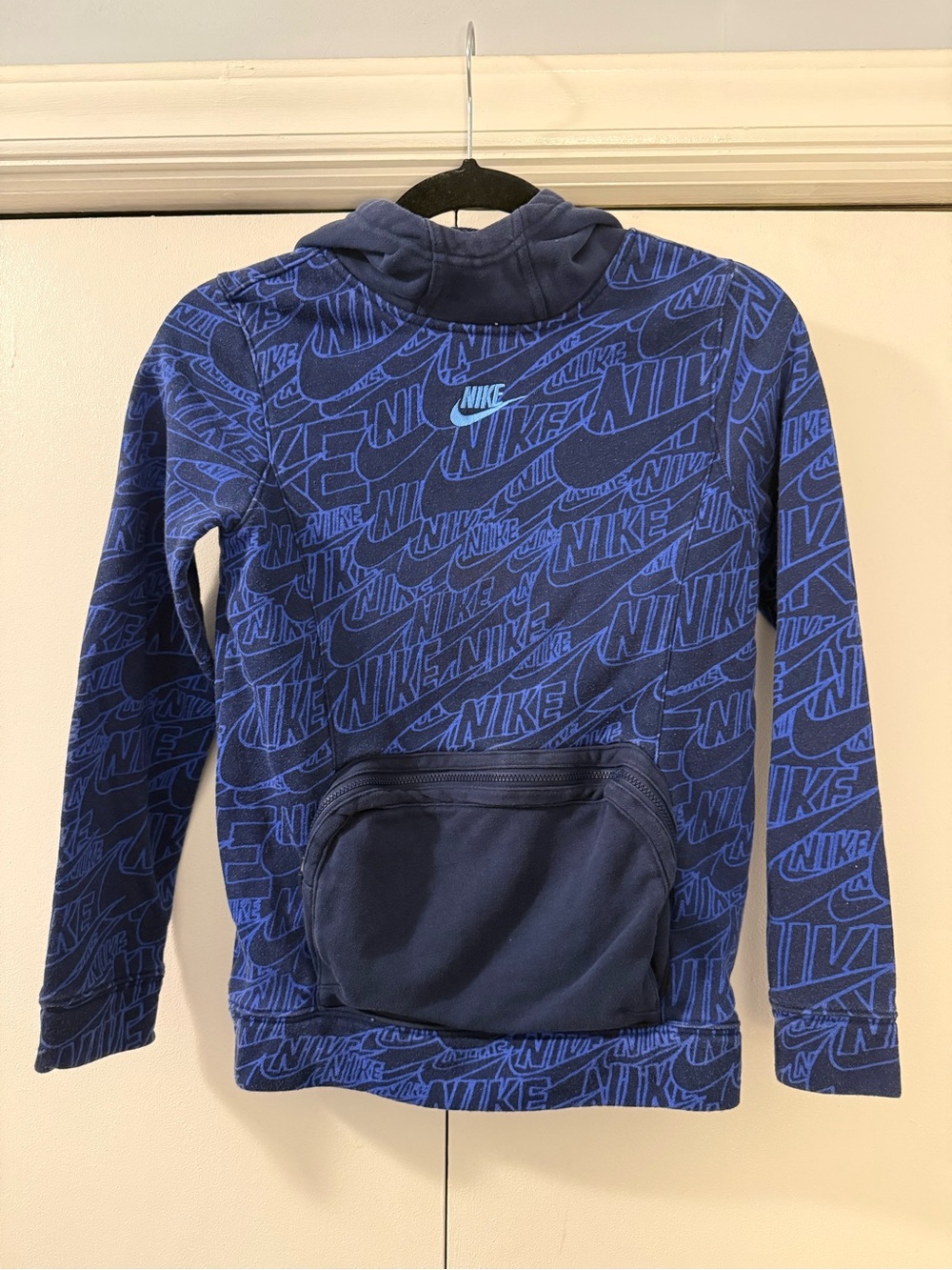 Nike Kids Allover Logo Hoodie with Zipper Front Pocket, Navy Blue